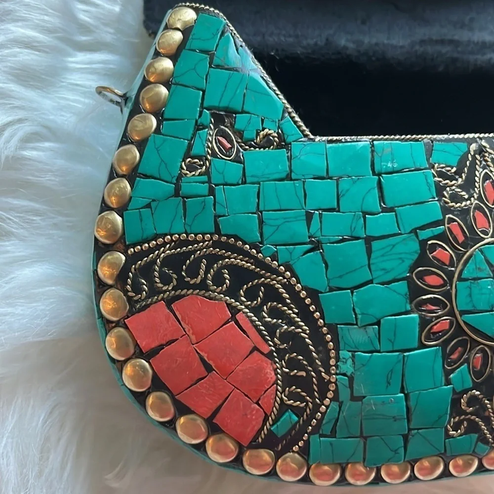 🆕 RAMLA Handmade Moroccan Turquoise Tile Mosaic Clutch Crossbody Bag Gold Chain